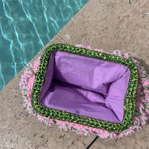 Vacation Purse Pink Green Knit Metallic Clutch Bag - Picture 4 of 7